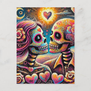Carte Postale Crânes de sucre en amour Chalk Impressionniste Pas