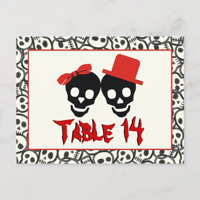 Carte Postale Crânes Halloween rouge noir mariage numéro de tabl (Devant)