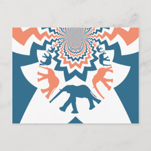 Carte Postale Crazy Walking Elephants Coral Blue Chevron Motif