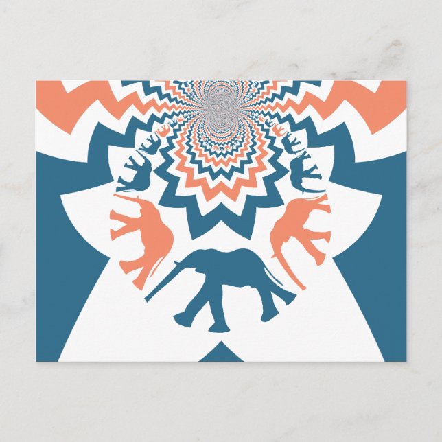 Carte Postale Crazy Walking Elephants Coral Blue Chevron Motif (Devant)