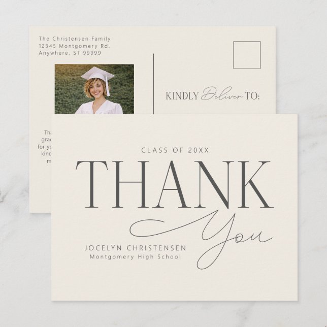 Carte Postale Cream Gray Elegant Modern Graduation Thank You (Devant / Derrière)