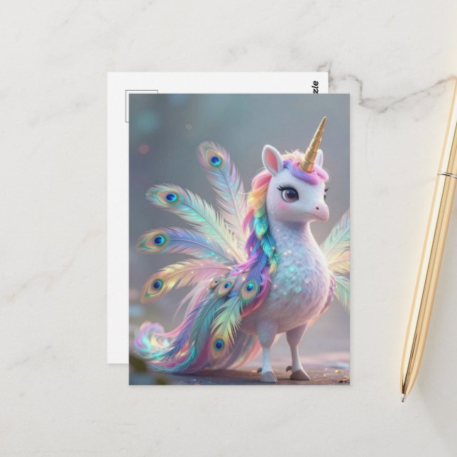 Carte Postale créature de fantaisie hybride licorne paon  (Devant/Arrière en situation)