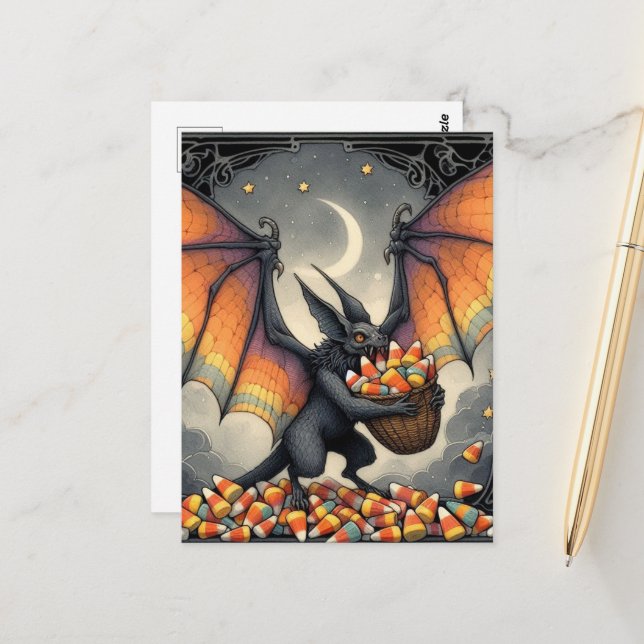 Carte Postale Créature d'Halloween avec des bonbons (Devant/Arrière en situation)