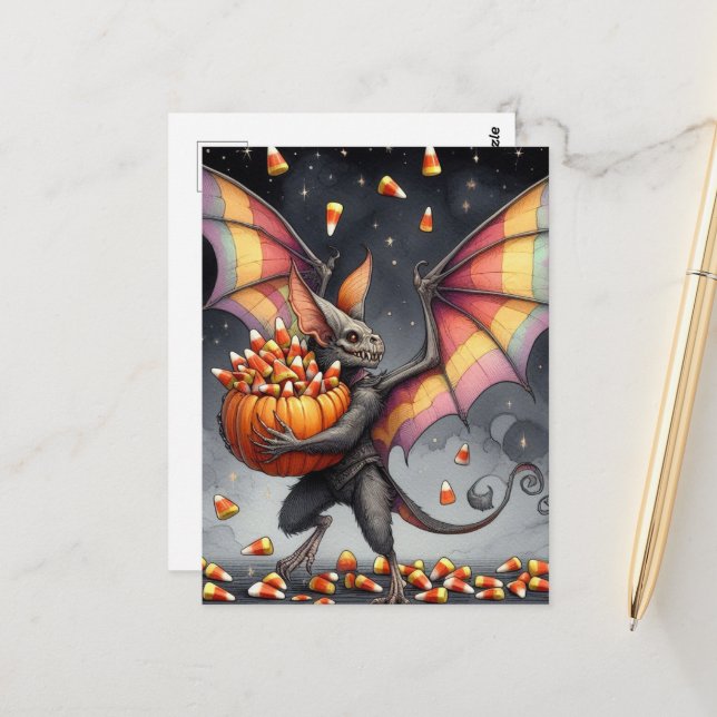 Carte Postale Créature d'Halloween avec des bonbons (Devant/Arrière en situation)