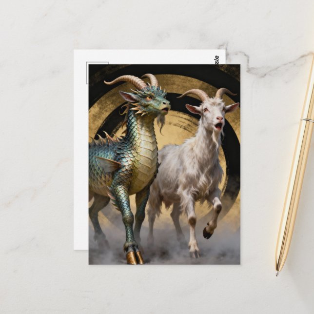 Carte Postale Créatures mythiques de chèvre dragon surprises (Devant/Arrière en situation)