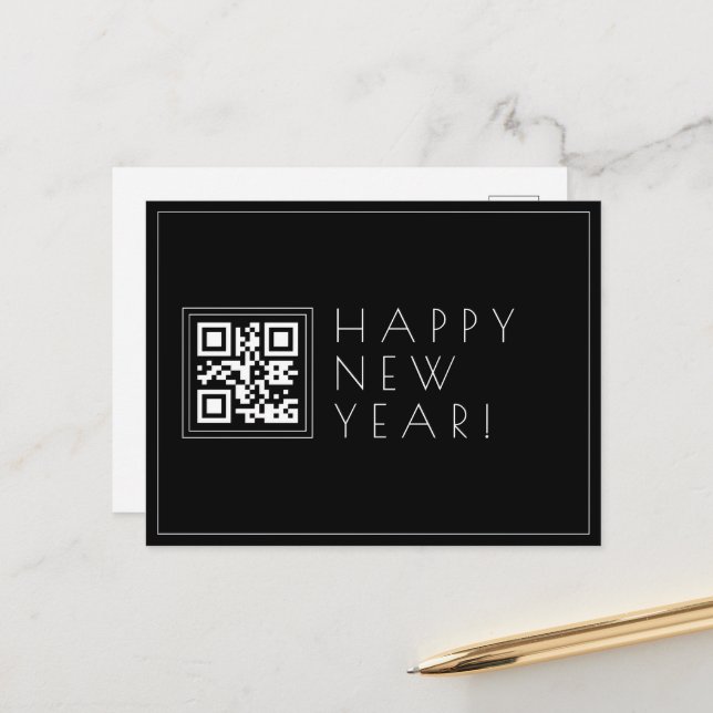 Carte Postale Créer instantanément du code QR | Style Happy New  (Devant/Arrière en situation)