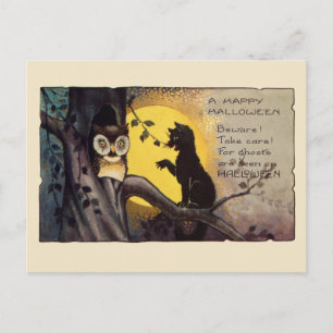 Carte Postale Crème Chat Vintage Avertissement Hibou Épouvantabl