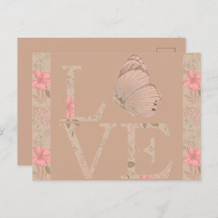 Carte Postale Crème Pink Love Papillon Floral