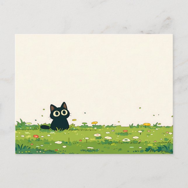 Carte Postale Crème Vignette Kawaii Chat Noir Prairie (Devant)