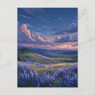 Carte Postale Crépuscule étoilé sur prairie de lupins pourpres