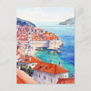 Carte Postale Croatie Aquarelle Vintage côtière de Dubrovnik