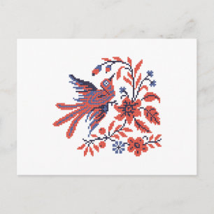 Carte Postale Crochet Charme oiseau sur la brindille des fleurs