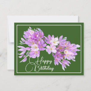 Carte Postale Crocus rose/violet Fond vert Joyeux Anniversaire