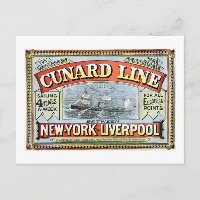Carte Postale Croisière de la Cunard Line de New York à Liverpoo (Devant)