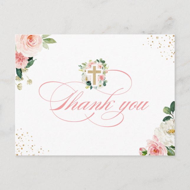 Carte Postale Croix d'or religieuse Blush rose Merci floral (Devant)