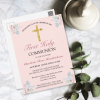 Croix d'or rose Floral Première communion Invitati