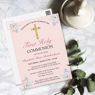 Carte Postale Croix d'or rose Floral Première communion Invitati
