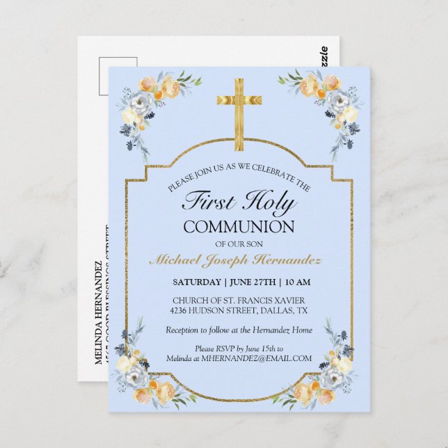 Carte Postale Croix dorée élégante Communion solennelle Fleurs b (Devant / Derrière)