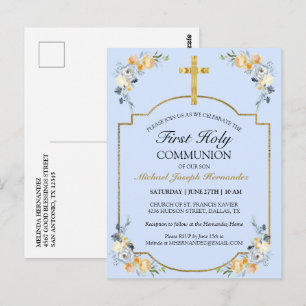 Carte Postale Croix dorée élégante Communion solennelle Fleurs b