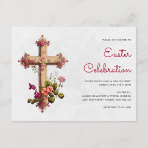 Carte Postale Croix élégante aux fleurs roses Fête de Pâques