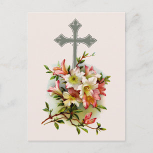 Carte Postale Croix Et Fleurs Roses