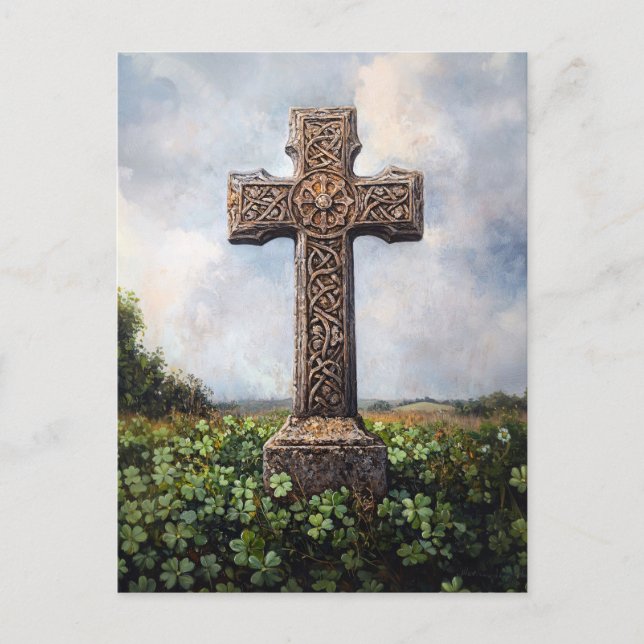 Carte Postale Croix Ornée Monument Trèfles Shamrocks (Devant)