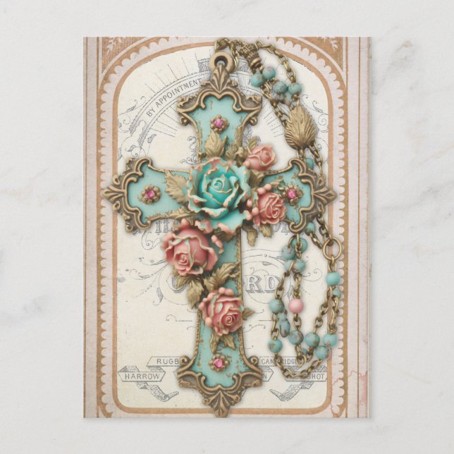 Carte Postale Croix vintage et fleurs (Devant)