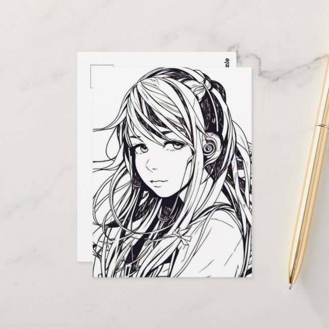 Carte Postale Croquis Anime Manga Girl Portrait (Devant/Arrière en situation)