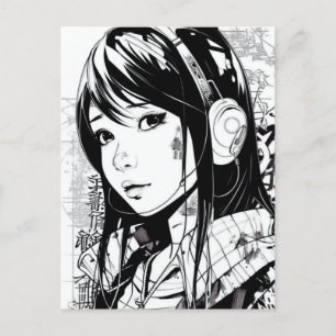 Carte Postale Croquis Anime Manga Girl Portrait