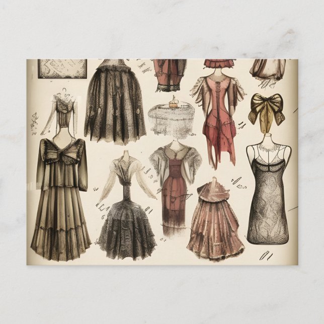 Carte Postale Croquis au crayon de conception de mode victorienn (Devant)