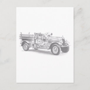 Carte Postale croquis au crayon de vieux camion de pompiers dess