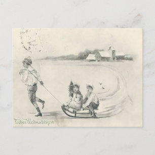 Carte Postale Croquis au crayon Scène de ferme hivernale antique