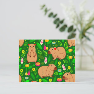 Carte Postale Croquis Capybara avec fleurs de printemps sur vert