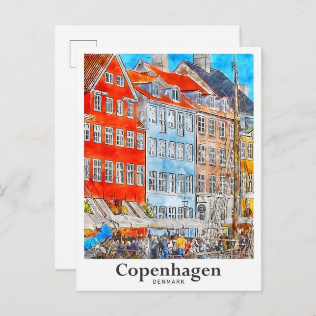 Carte Postale Croquis d'aquarelle de Copenhague Danemark (Devant / Derrière)