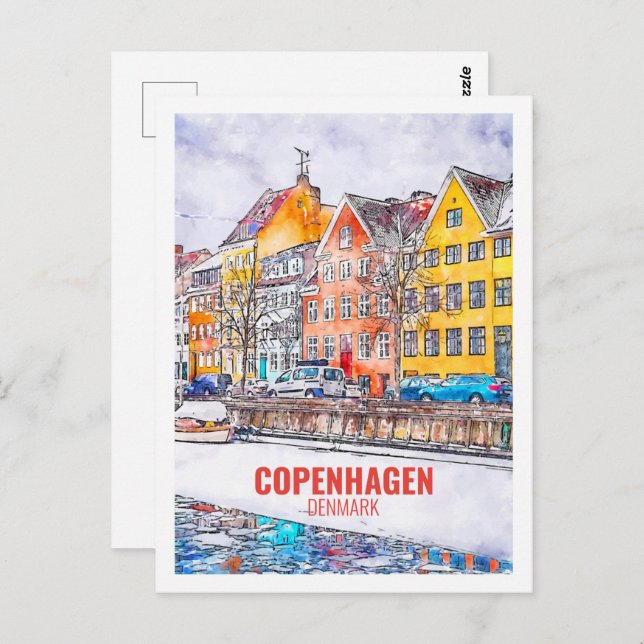 Carte Postale Croquis d'aquarelle de voyage de Copenhague Danema (Devant / Derrière)