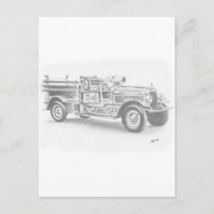 Carte Postale croquis de camion de pompiers vintage dessiné à la
