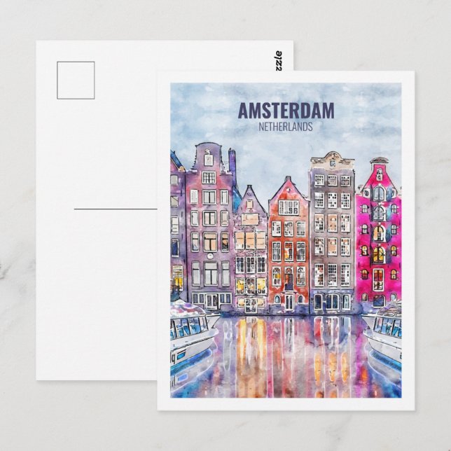 Carte Postale Croquis en aquarelle Amsterdam Pays-Bas Travel (Devant / Derrière)
