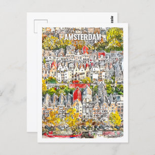 Carte Postale Croquis en aquarelle Amsterdam Pays-Bas Travel