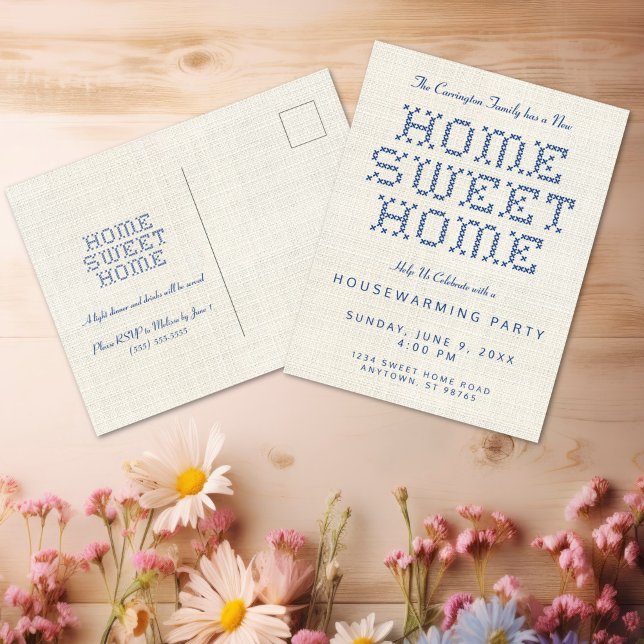 Carte Postale Cross-Stitch Home Sweet Home Bleu Ménage (Rustic and Charming Faux Cross stitch Home Sweet Home Blue Housewarming Postcard Invitation)