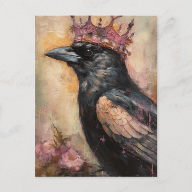 Carte Postale Crow à conte de verdure dans une couronne rose (Devant)