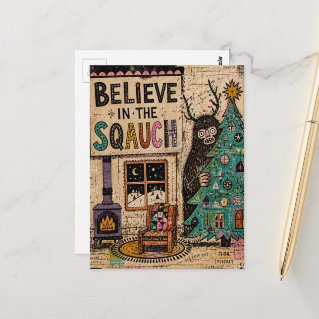 Carte Postale Croyez au Collage de Noël Squatch (Devant/Arrière en situation)