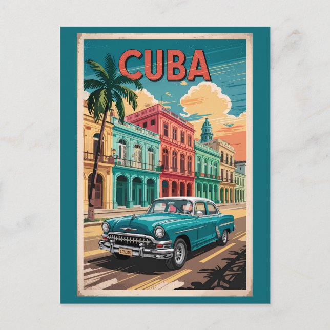 Carte Postale Cuba Classic Car Illustration Voyage Art Vintage (Devant)