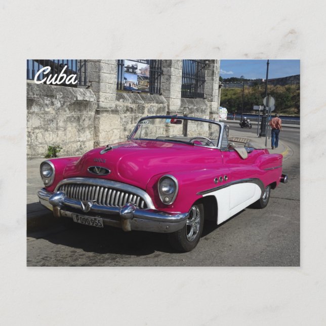 Carte Postale Cuba, Voiture classique rose blanche (Devant)