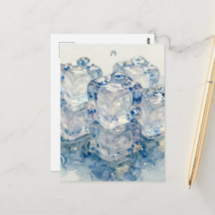 Carte Postale Cubes de glace en train de fondre aquarelle bleue