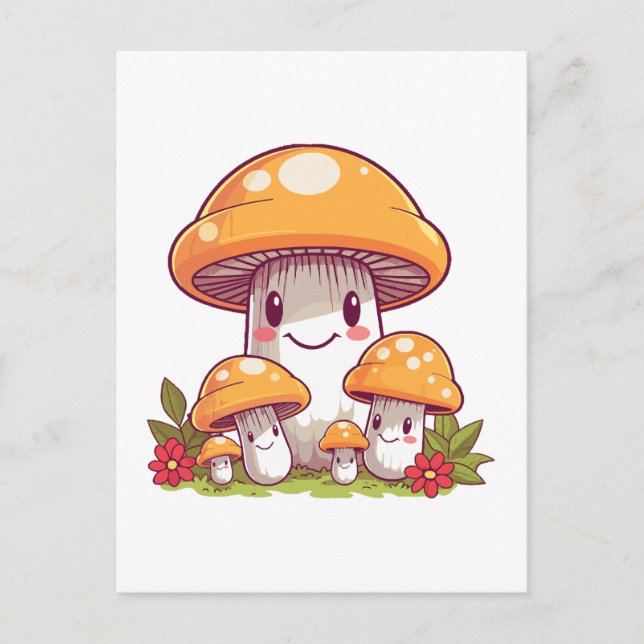 Carte Postale Cueillette de champignons, style kawaii heureux (Devant)