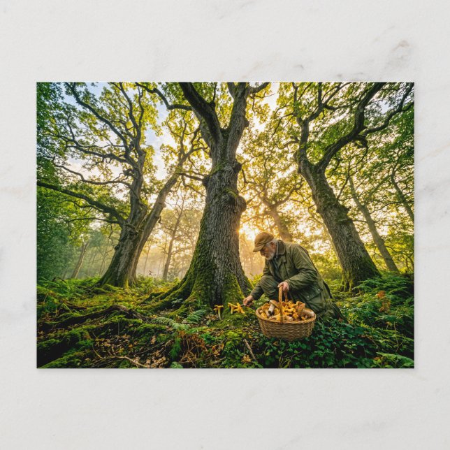 Carte Postale Cueilleur de champignons sous de vieux chênes (Devant)