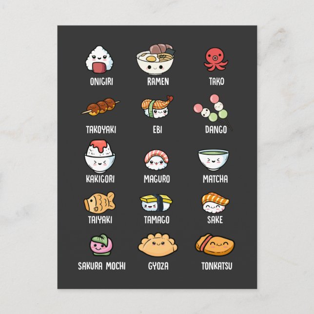 Carte Postale Cuisine asiatique Kawaii Sushi Riz Poisson Ramen L (Devant)
