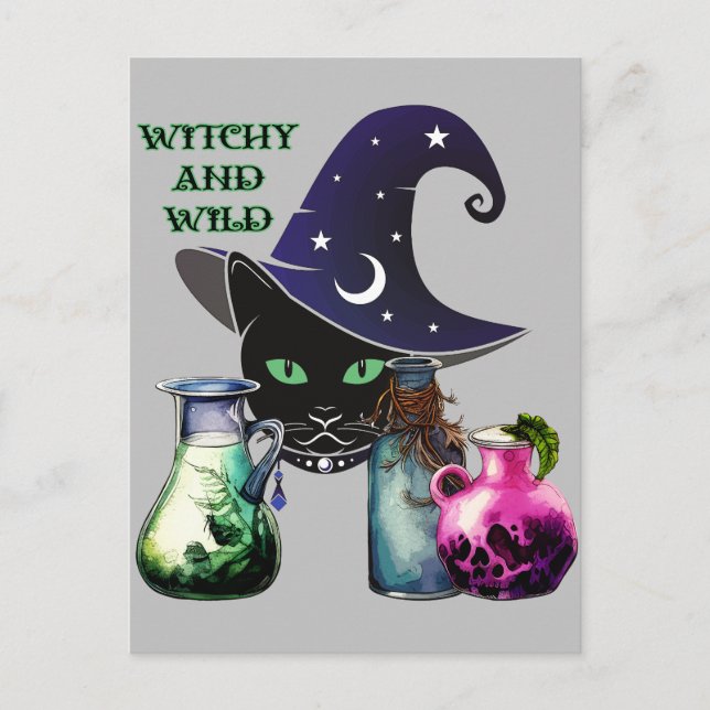 Carte Postale Cuisine Et Sauvage - Halloween Chat Et Potions Noi (Devant)