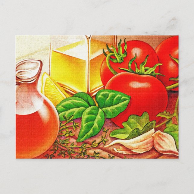 Carte Postale Cuisine italienne ingrédients tomates et basilic (Devant)