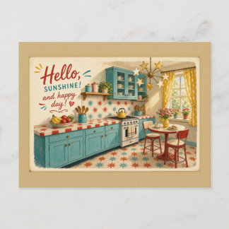 Carte Postale Cuisine rétro étoile sarcelle Bonjour Soleil
